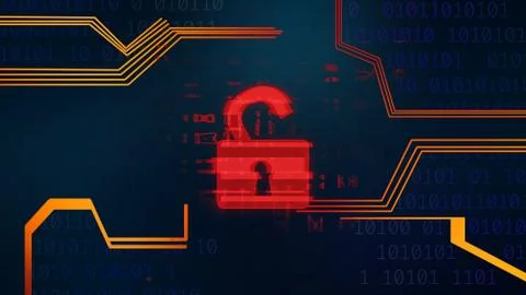 Cyber security. Red opened padlock lock on digital screen Stock Illustration