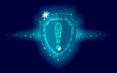 Cyber security safety shield low poly exclamation point. Polygonal geometric  Stock-Illustration