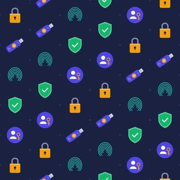 Cyber security seamless pattern with padlocks, shields with check marks, Stock Illustration