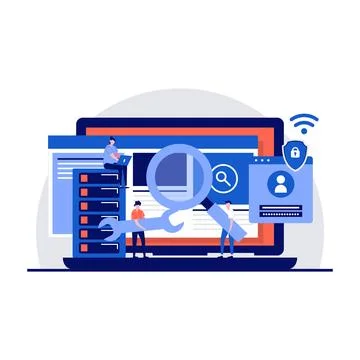 Cyber security service concept with tiny character. Developer team access a.. Stock Illustration