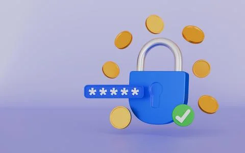 Cyber security service with lock, password, checkmark and coins, Data secure Illustrazione stock