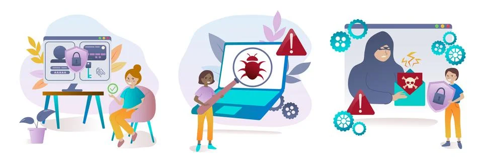 Cyber security set. Concept of personal data protection, antivirus, data stea Stock Illustration