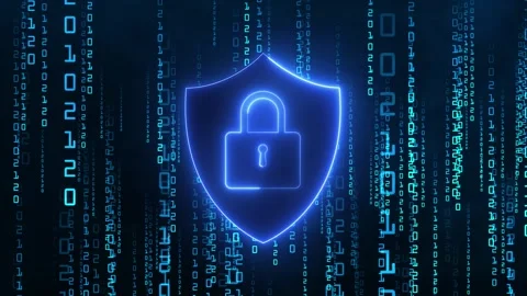 Cyber Security Shield Animation with Glowing Padlock and Digital Binary Code Vídeos de archivo 319897629