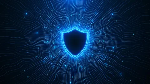 Cyber security shield background with glowing blue protection icon, flowing data 스톡 동영상 333861631