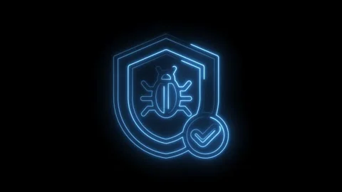 Cyber security shield with bug icon and checkmark glowing neon blue on black Stock Footage 333972820