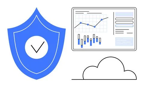 Cyber Security Shield with Data Analytics Dashboard and Cloud Stock Illustration