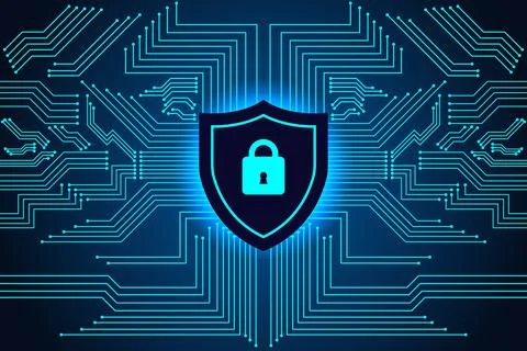 Cyber Security Shield with Digital Circuit Network and Data Protection Tech.. Illustrazione stock