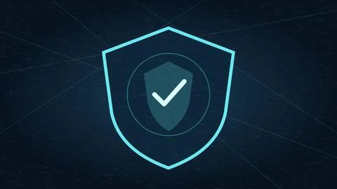 Cyber security shield icon with a checkmark on a dark blue digital background Stock Illustration