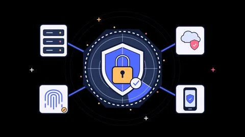 Cyber security shield icon with digital protection elements including serve.. Stock Footage 347807226
