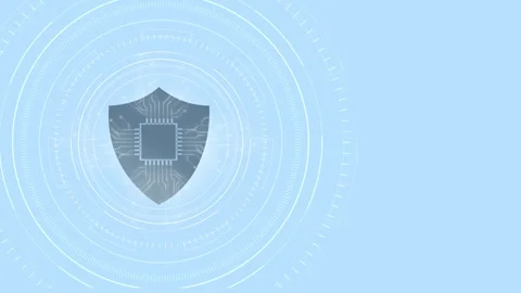 Cyber security shield interface chip icon, pale blue HUD rings, circuit details, Stockbeeldmateriaal 333859403