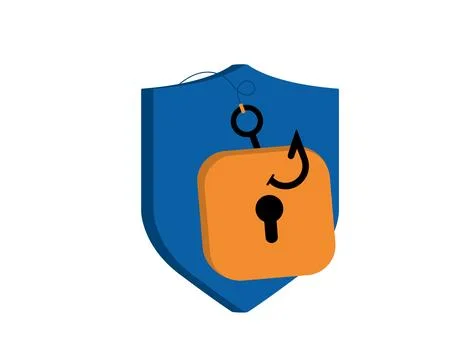 Cyber security shield with lock and hook warns about phishing, data protection Illustrazione stock