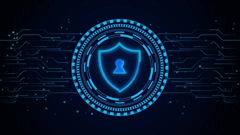 Cyber security shield lock icon hologram hacking attack warning message Stock Footage 347048084