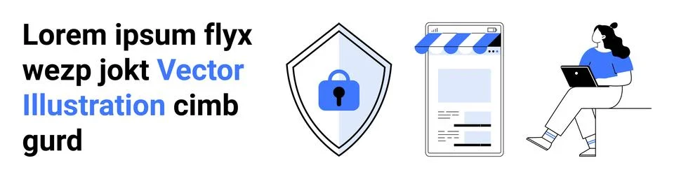 Cyber security shield, online storefront, woman using laptop. Ideal for digit Stock Illustration