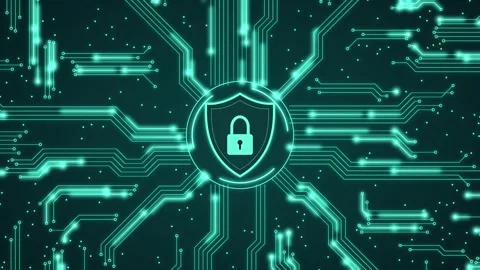 Cyber security shield with padlock on a teal circuit board 库存影片 348304132