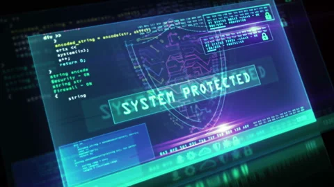 Cyber security with shield symbol alert on screen Stock Footage 128000571