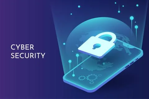 Cyber security on smart phone isometric vector background Stock Illustration
