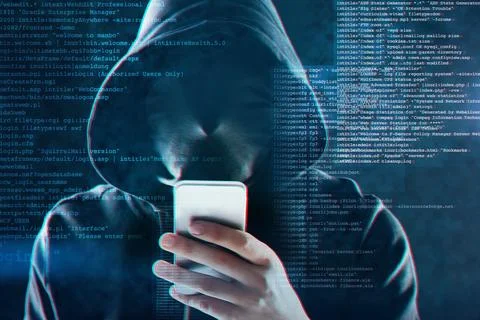 Cyber security, smartphone and hacker, internet web technology and man for Stock Photos