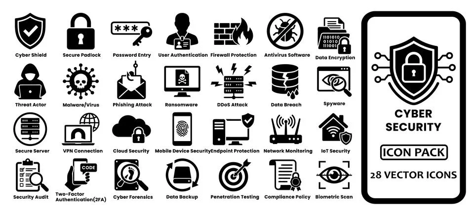 Cyber security solid icon set. Featuring labeled cyber shield, secure padlo.. Stock-Illustration