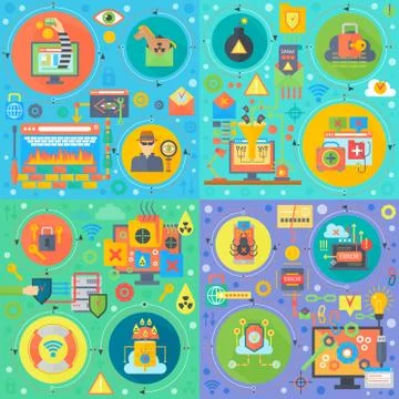Cyber security square concepts set. Online security, hacker, hacker virus atack Stock Illustration