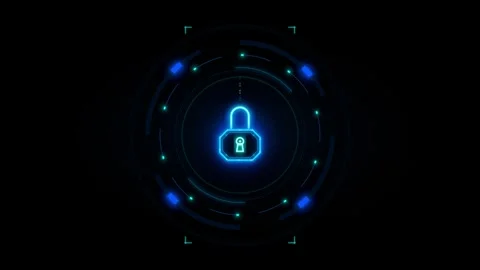 Cyber security symbol of a glowing blue padlock within a circular digital i.. 스톡 동영상 335826588