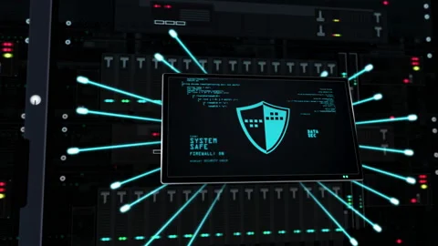 Cyber security symbols on datacenter servers Stock Footage 125013804