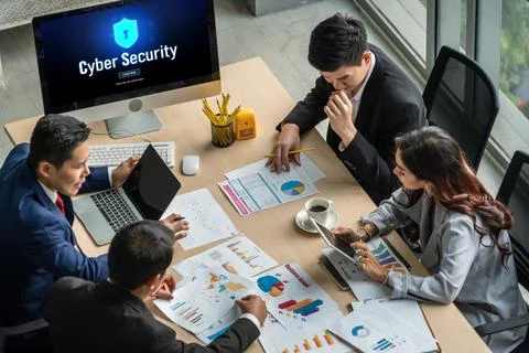 Cyber security system on computer screen protect private information snugly Stock Photos