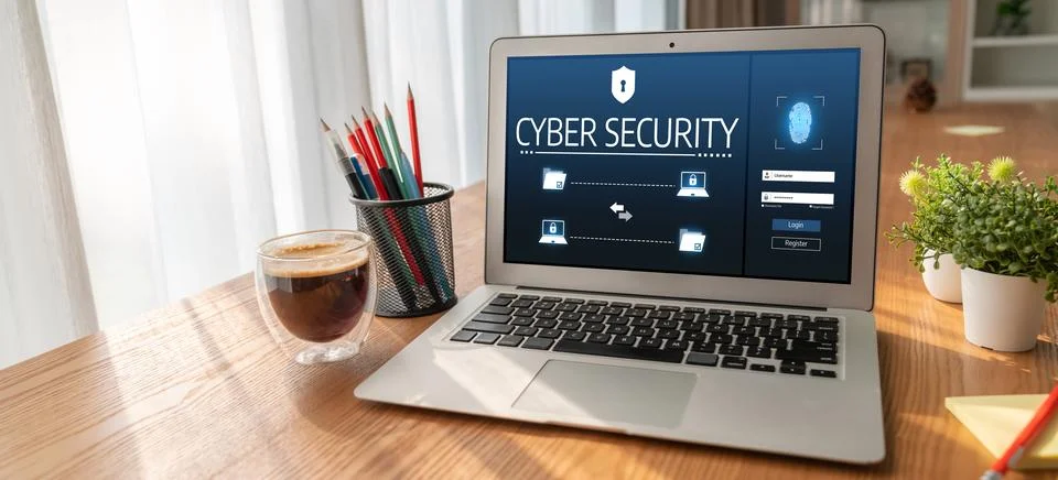 Cyber security system on computer screen protect private information snugly Stock Photos