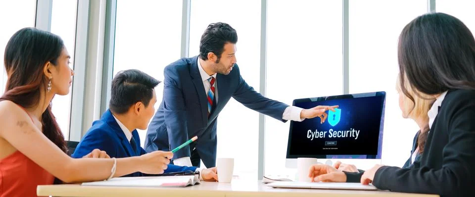 Cyber security system on computer screen protect private information snugly Stock Photos