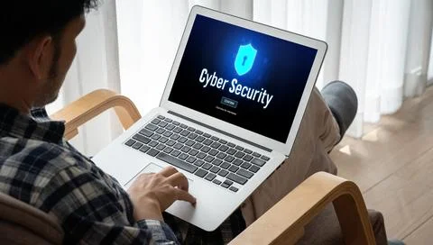 Cyber security system on computer screen protect private information snugly Stock Photos