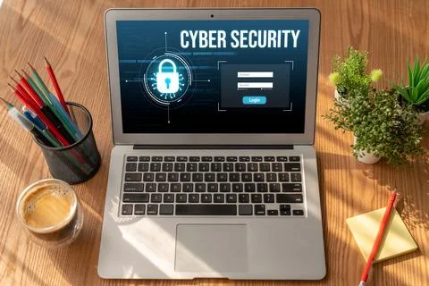 Cyber security system on computer screen protect private information snugly Stock Photos