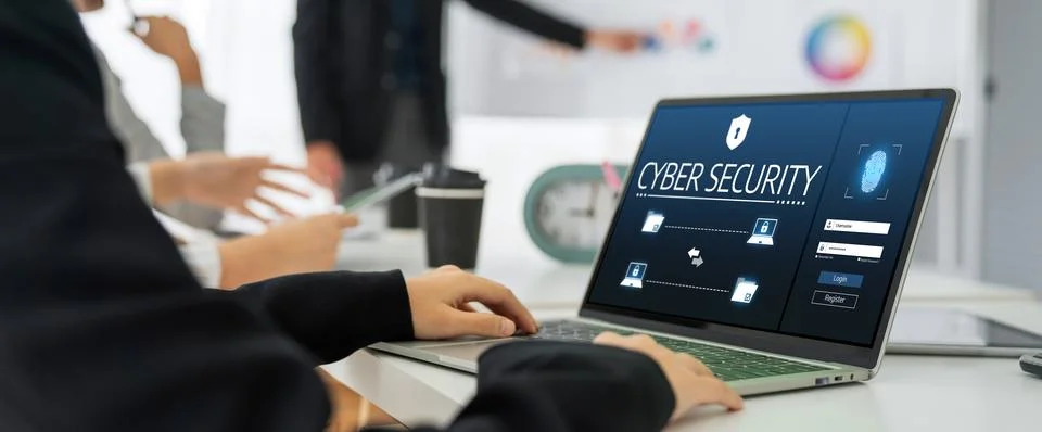 Cyber security system on computer screen protect private information snugly Stock Photos