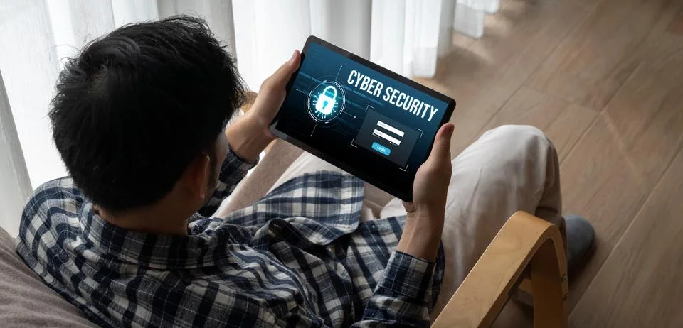 Cyber security system on computer screen protect private information snugly Stock Photos