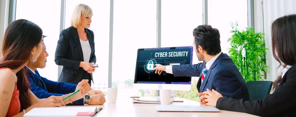 Cyber security system on computer screen protect private information snugly Stock Photos