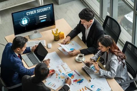 Cyber security system on computer screen protect private information snugly Stock Photos