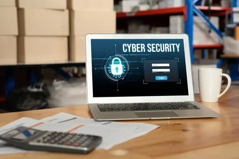 Cyber security system on computer screen protect private information snugly Stock Photos