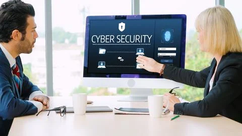 Cyber security system on computer screen protect private information snugly Stock Photos