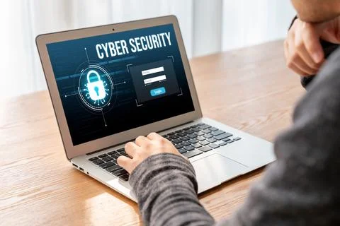 Cyber security system on computer screen protect private information snugly 스톡 사진