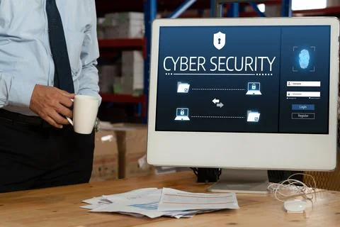 Cyber security system on computer screen protect private information snugly Stock Photos