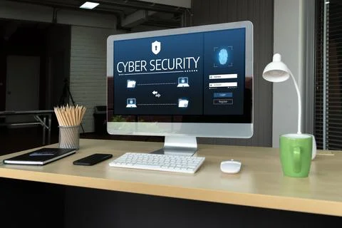 Cyber security system on computer screen protect private information snugly Stock Photos