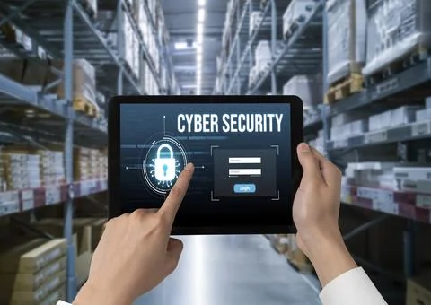 Cyber security system on computer screen protect private information snugly Stock Photos