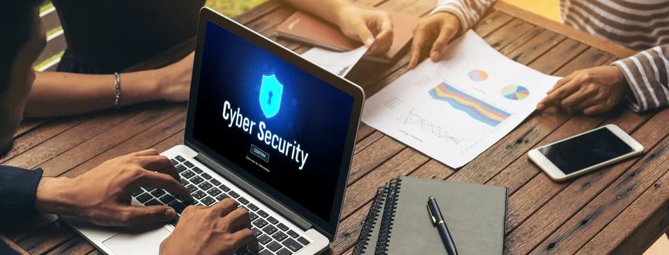 Cyber security system on computer screen protect private information snugly Stock Photos