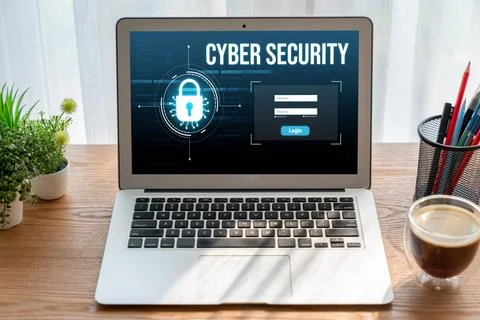 Cyber security system on computer screen protect private information snugly Stock Photos