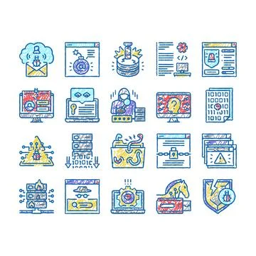 Cyber Security System Technology Icons hand drawn 库存插图