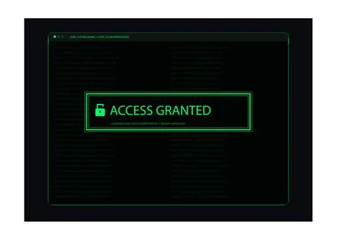 Cyber security system terminal window with access granted message and digital Stock Illustration