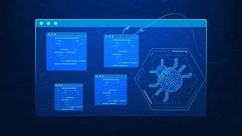 Cyber security technology background featuring a digital bug and phishing h.. Stockillustratie