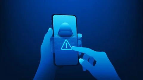 Cyber security technology background smartphone with a hacker on screen, re.. 스톡 일러스트
