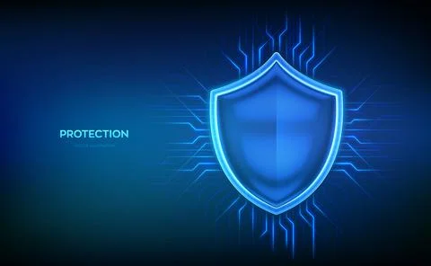 Cyber security technology concept. Glowing glass shield on blue digital cir.. イラスト素材