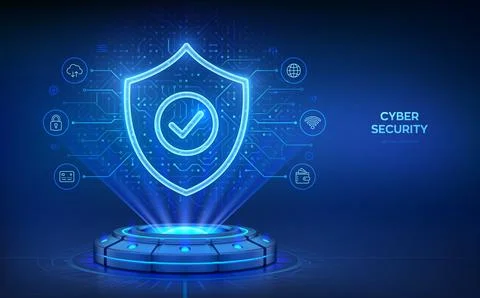 Cyber security technology concept. Holographic platform with glowing rays for Stock-Illustration
