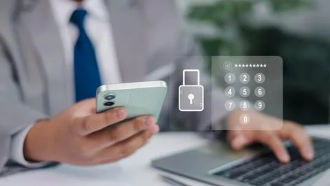 Cyber security technology concept, office background. Businessman entering .. Stock Photos
