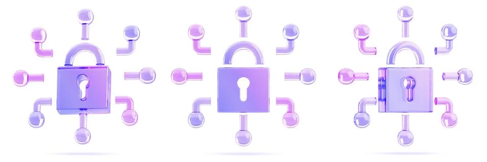 Cyber security technology concept. Render 3d set of glass holographic padlock 스톡 일러스트